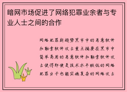 暗网市场促进了网络犯罪业余者与专业人士之间的合作 暗网市场促进了网络犯罪业余者与专业人士之间的合作